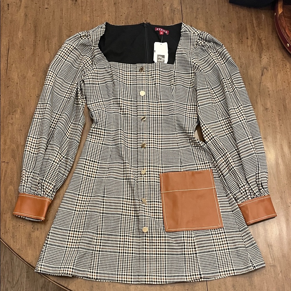 STAUD Checkered Dress with Black and Brown